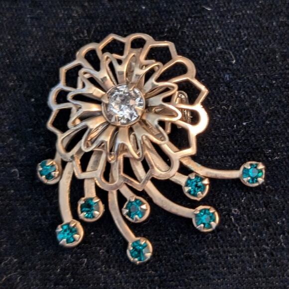 Vtg Gold Tone Blue/Clear Rhinestone Art Deco 1950s Flower Spray Brooch/Pendant - Picture 1 of 5